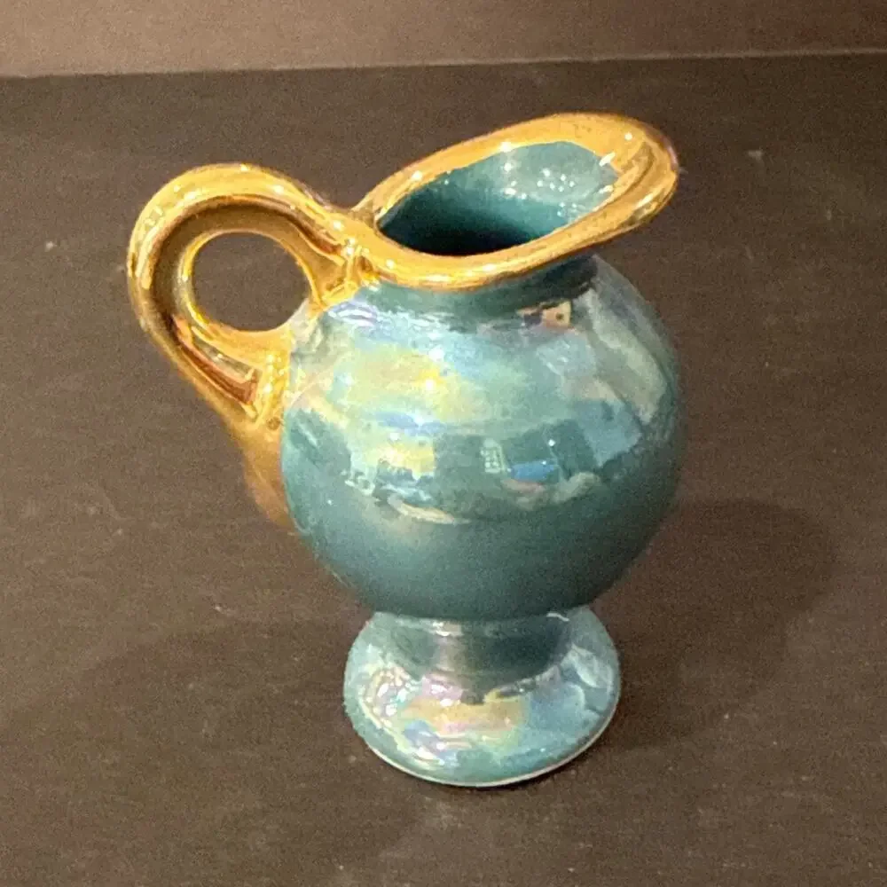 Vintage Set of 4 Mini Pottery Pitchers Colorful Gold Trim Studio Art Style